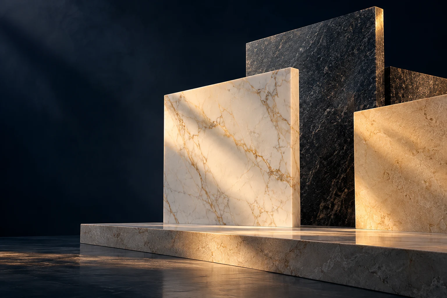 Architectural composition of polished ivory marble and dark stone slabs